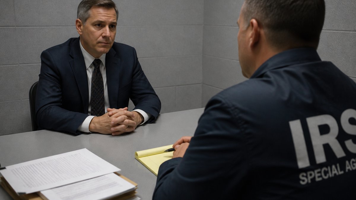 A professional in a suit sitting across a table from a federal agent in a plain interview room, with documents and a notepad visible on the table