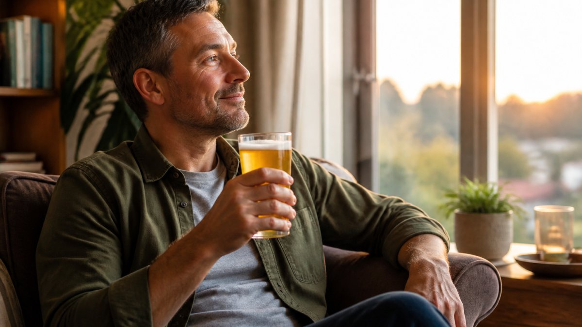 Person relaxing at home holding a glass of alcohol-free beer with a satisfied expression, natural evening lighting streaming through a window