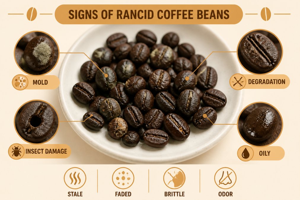Close-up of dark coffee beans showing visible surface degradation, mold spots, and oily residue under natural lighting on a white ceramic surface