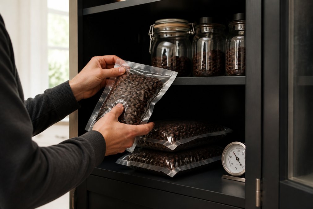 Hands placing vacuum-sealed coffee bags into a cool, dark pantry cabinet with airtight glass containers and a thermometer visible on the shelf