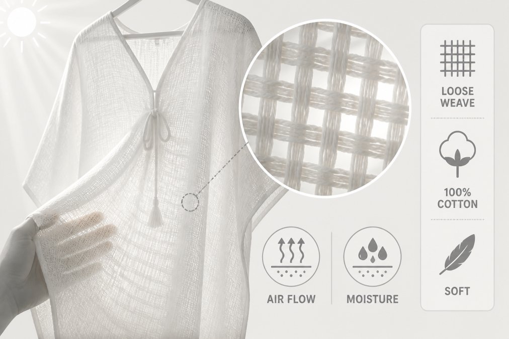 Close-up of a loosely woven white 100% cotton kaftan fabric in natural sunlight, showing the open weave texture and soft hand-feel, with light visibly filtering through the cloth