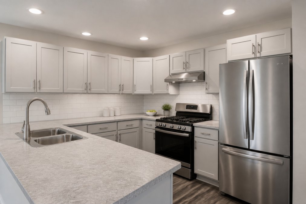 Modern kitchen featuring updated laminate countertops in light gray, subway tile backsplash, brushed nickel cabinet hardware, and recessed LED lighting fixtures creating bright, clean aesthetic