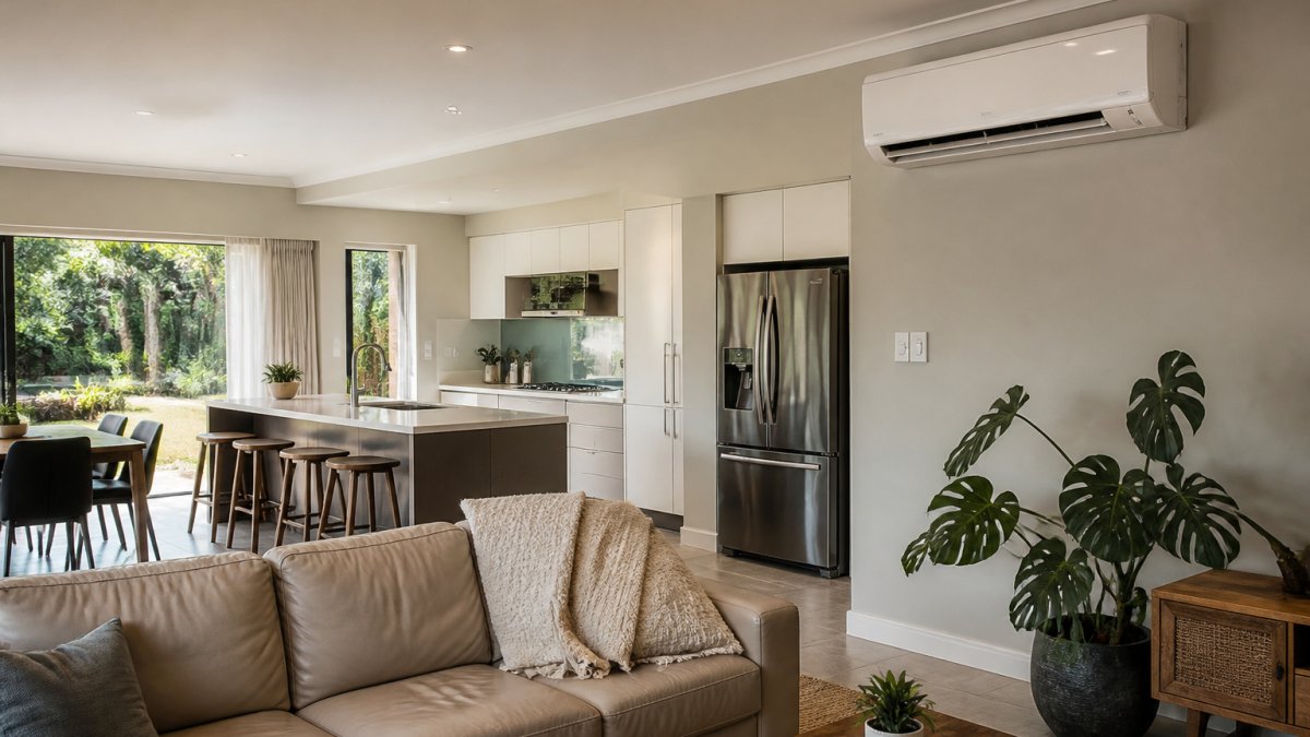 Modern home interior with air conditioning unit mounted on wall, kitchen visible with stainless steel refrigerator, bright natural daylight streaming through large windows, comfortable living space
