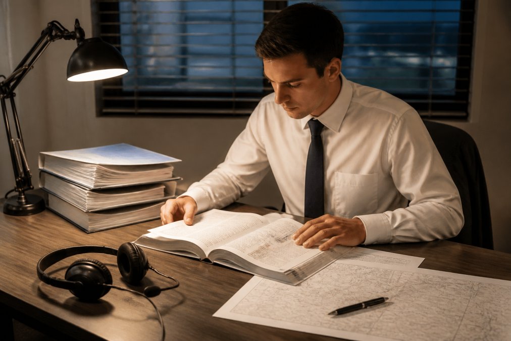 A focused aviation student in professional attire reviewing FAA study materials and a dispatch console manual at a desk, with a headset and printed flight plan nearby, under warm desk lamp lighting