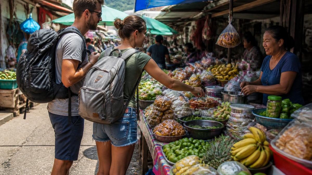 Travelers with backpacks exploring a colorful street market in a budget-friendly destination, with local vendors displaying produce and street food under bright sunlight