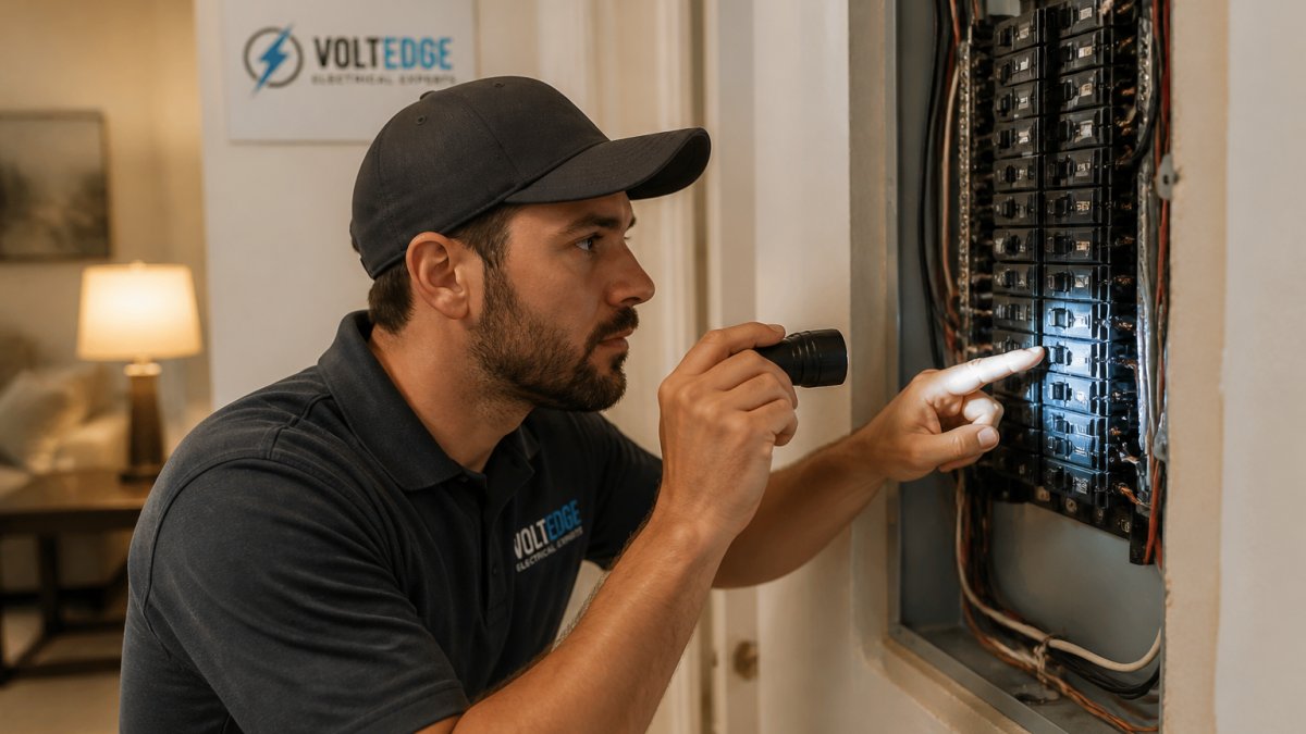Electrician using a flashlight to inspect home circuit breakers before a 24-hour electrical service visit.