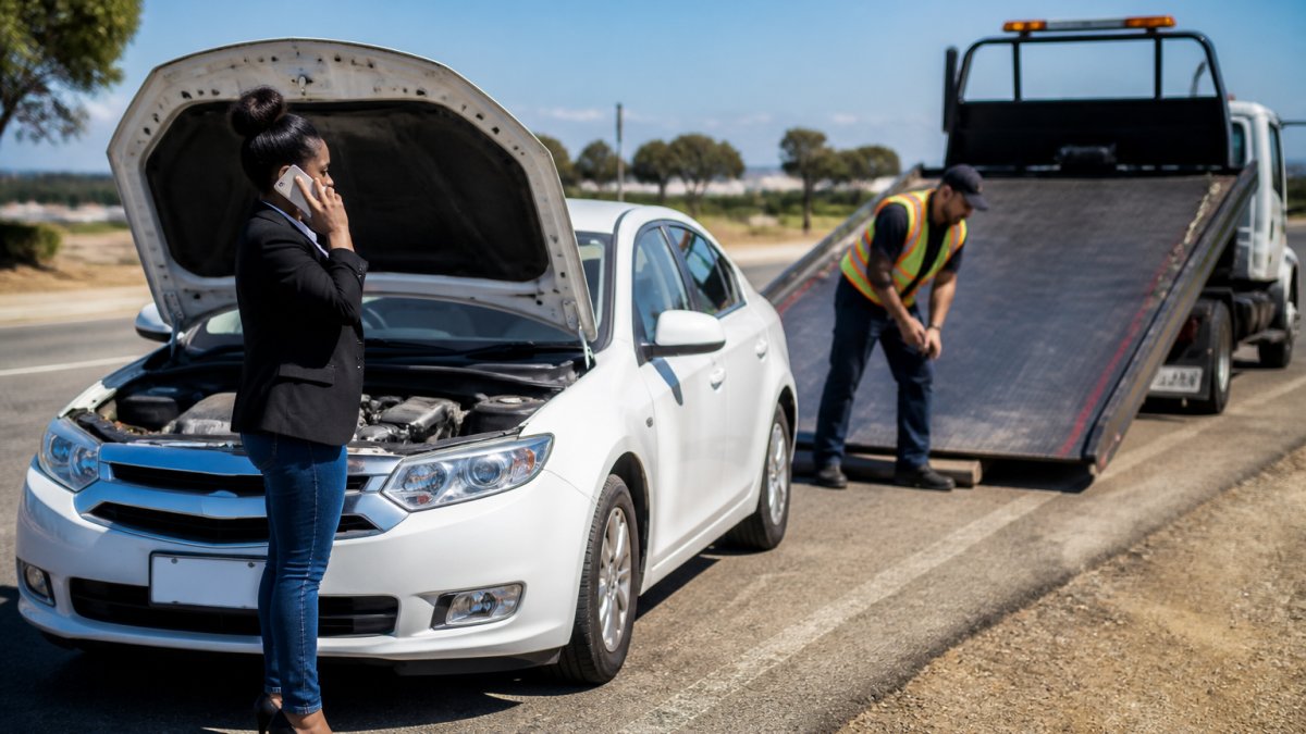 Professional tow truck driver in uniform standing next to a fully equipped flatbed towing vehicle on a sunny day, conveying reliability and readiness