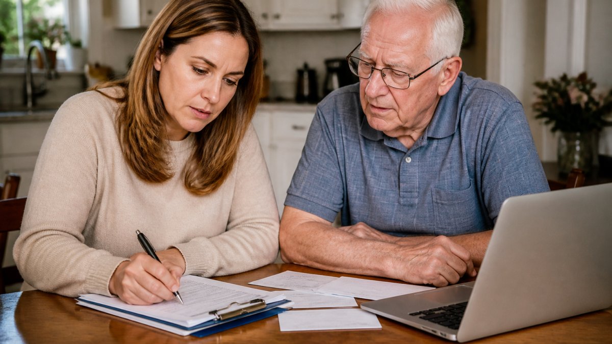 An adult daughter sitting at a kitchen table with her elderly father, reviewing Medicare paperwork and taking notes on a clipboard, with a laptop open nearby