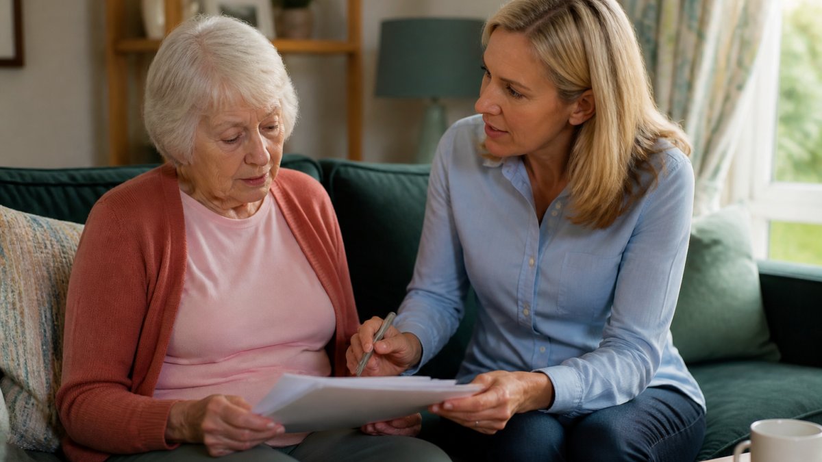 Adult daughter sitting beside elderly parent in comfortable home setting, having caring conversation while reviewing health notes on paper, warm natural lighting from window