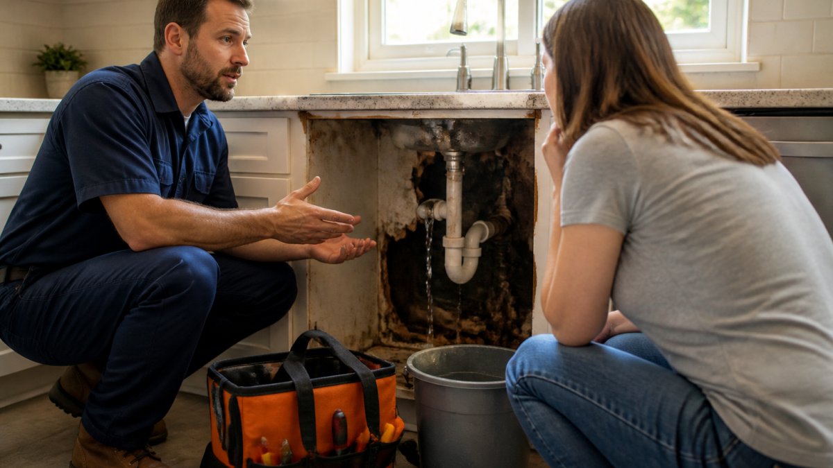 Professional plumber in work uniform discussing repair details with homeowner at kitchen sink showing visible water damage and burst pipe, natural daylight streaming through window