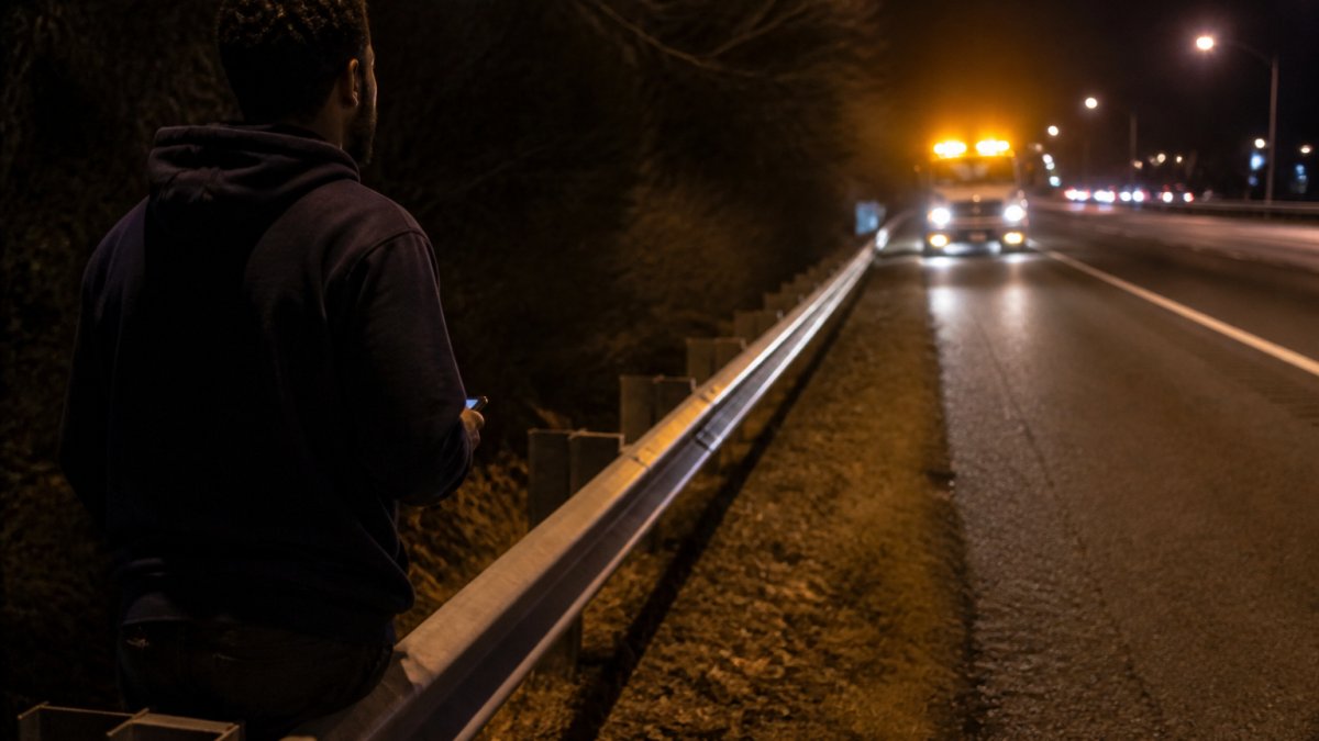 Stranded driver waiting behind a guardrail as a 24 hour towing truck approaches on a dark highway.