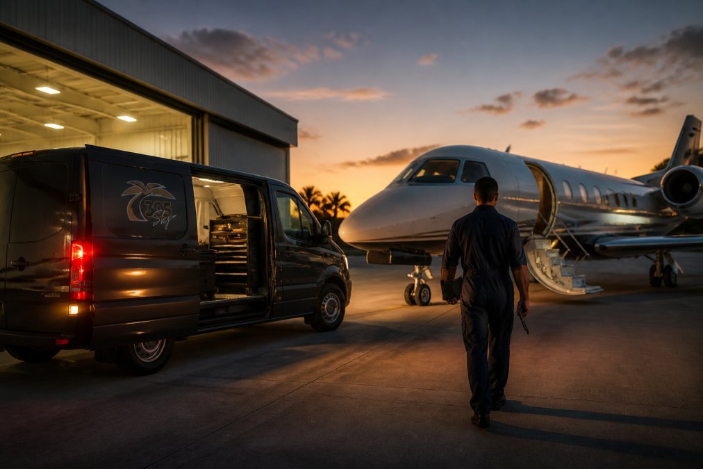 A mobile maintenance van parked beside a private jet on a South Florida tarmac at dusk, technician in coveralls carrying a diagnostic laptop toward the aircraft, hangar lights glowing in the background
