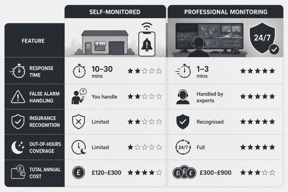 Comparison matrix of self-monitored versus professional 24/7 alarm response systems across key metrics.