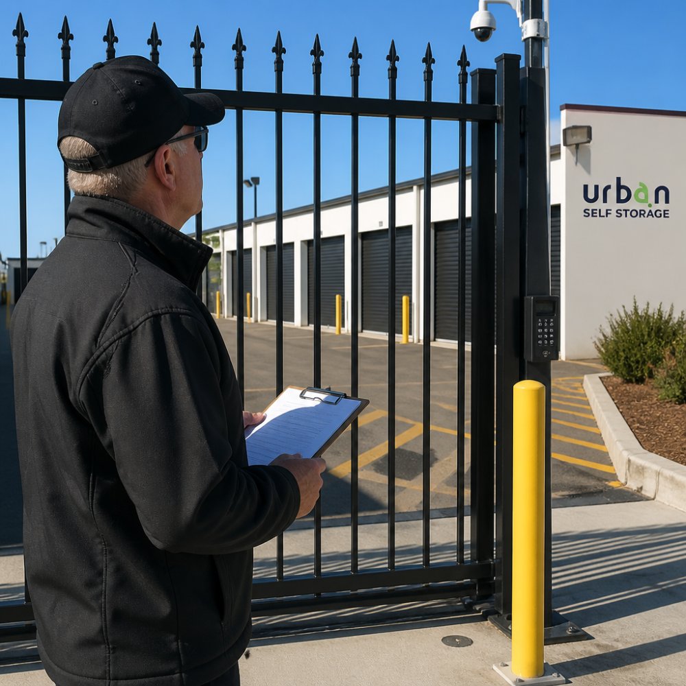 Security manager inspecting the perimeter fencing and electronic gate of 24/7 CCTV storage units during daylight