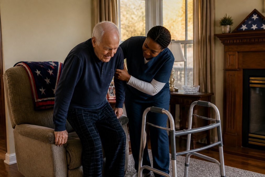 Compassionate caregiver providing 24/7 home care by assisting an elderly veteran with mobility in his living room.
