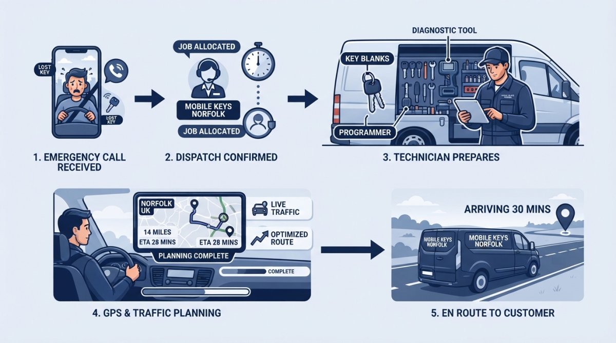 Mobile locksmith technician in van checking GPS navigation and real-time traffic on dashboard display while preparing tools and equipment for dispatch
