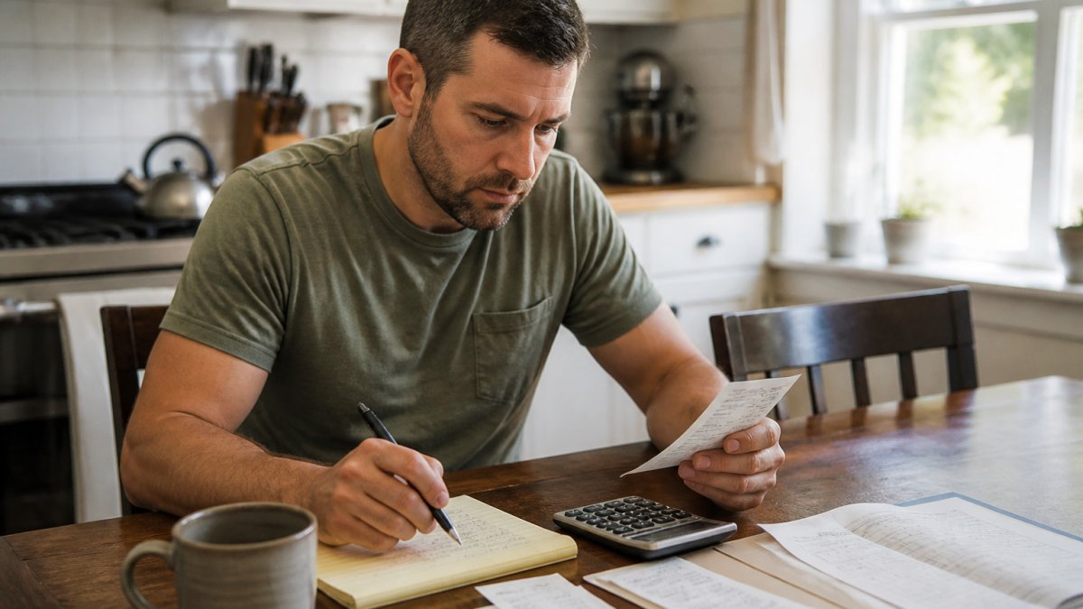 Homeowner sitting at kitchen table reviewing maintenance receipts, budget spreadsheet, calculator, and handwritten notes in natural daylight from window