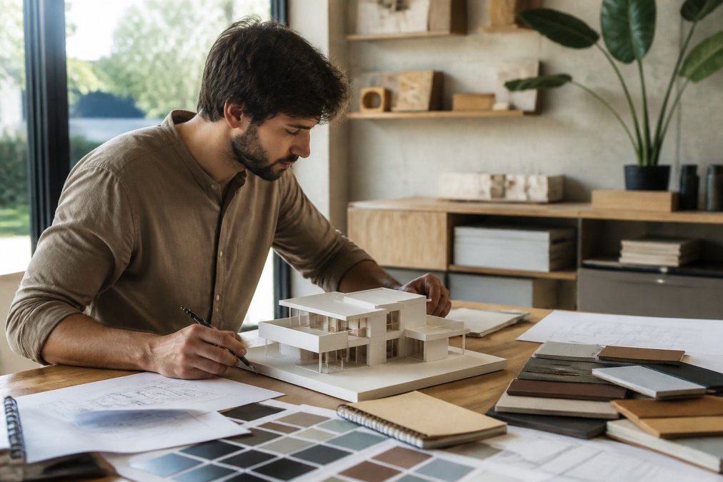 Professional 3D designer reviewing detailed digital models on a high-resolution dual-monitor setup in a modern studio workspace, with reference materials, design sketches, and color swatches visible on the desk