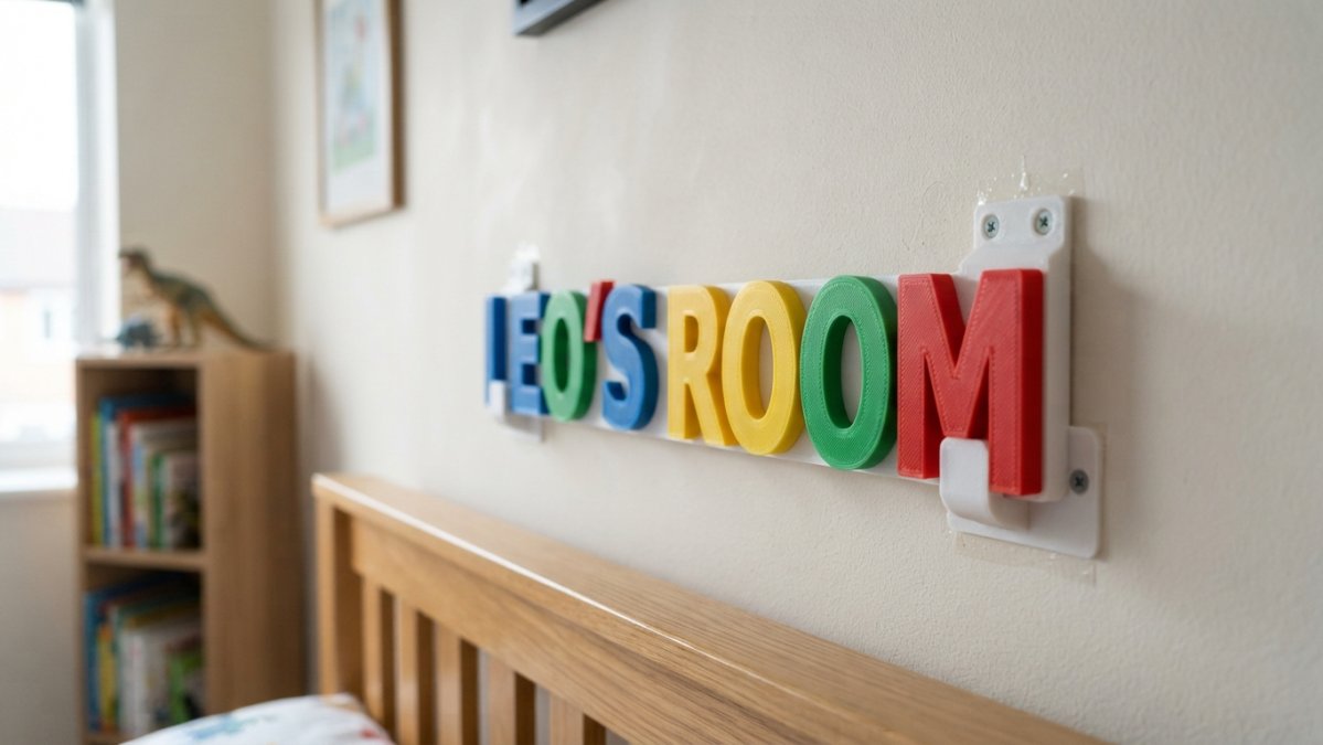 Close-up of a finished 3D-printed personalised sign mounted on a bedroom wall, showing vibrant colour detail, smooth print finish, and secure wall mounting with visible layer texture