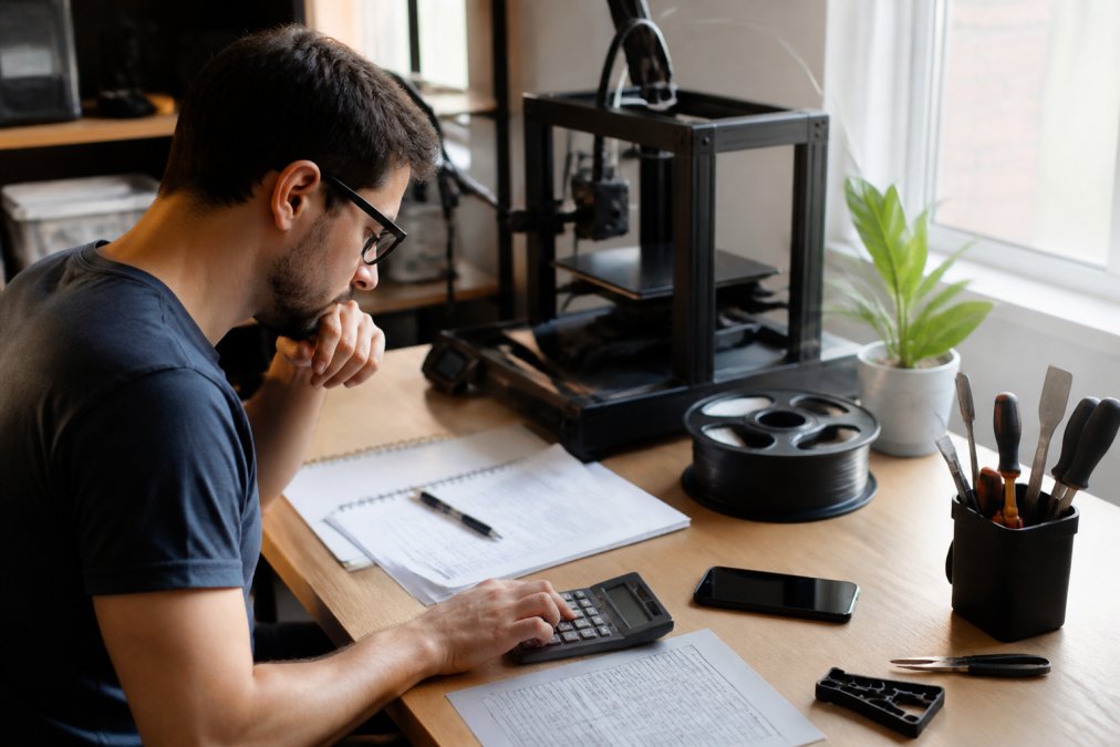 A beginner setting up a compact FDM 3D printer on a wooden desk in a home office, with a filament spool and hand tools nearby, warm afternoon light through a window