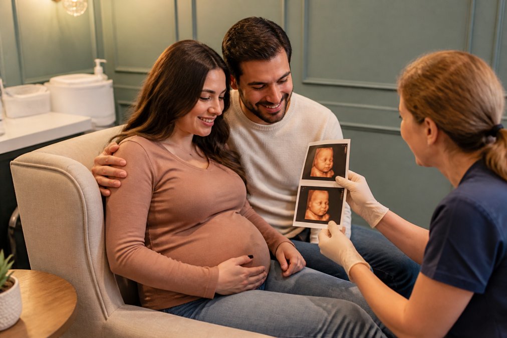 An expectant couple sitting together in a warm, softly lit room, smiling as they look at a 3D ultrasound image on a screen, with the ultrasound technician nearby