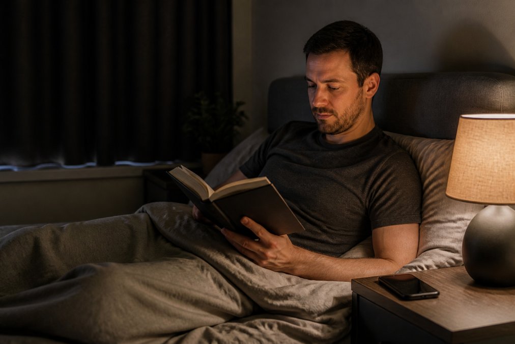 A person in their thirties reading a book in a dimly lit bedroom with blackout curtains drawn and a phone face-down on the bedside table, warm lamp light, calm evening wind-down scene