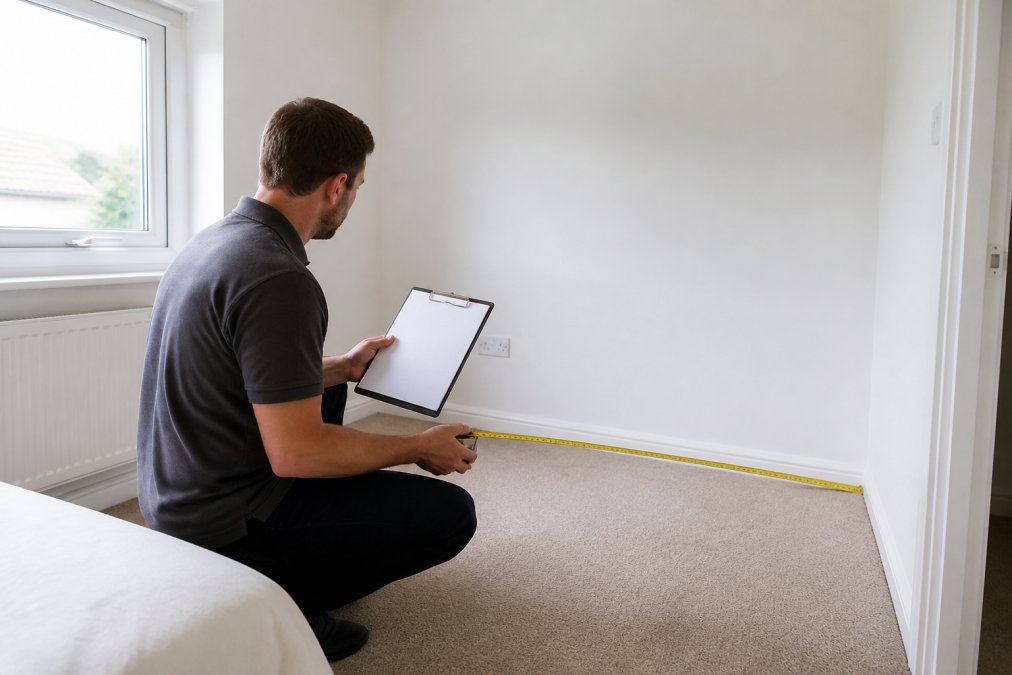 Homeowner measuring bedroom space with tape measure, noting dimensions on a clipboard, with empty wall space and natural light visible