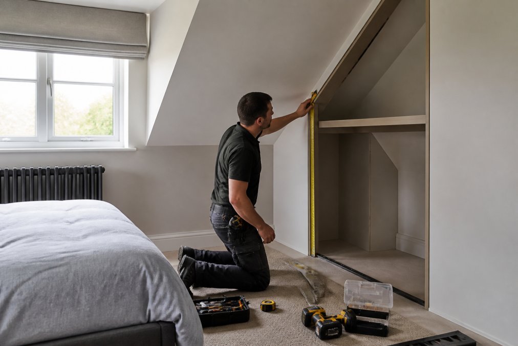 Professional installer examining a sloping ceiling and awkward alcove space in a bedroom, assessing structural fit with tools nearby