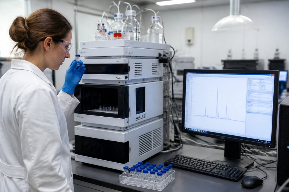 Scientist analyzing HPLC chromatogram data to determine if 98% purity is good for peptides in a lab setting