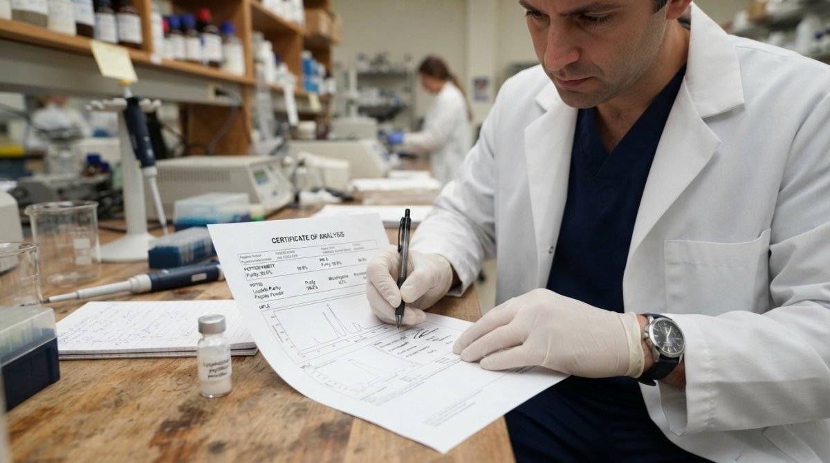 Researcher's hands holding a printed Certificate of Analysis document with test results visible, examining specific purity percentage values and HPLC chromatogram peaks under laboratory lighting with a pen marking key data points