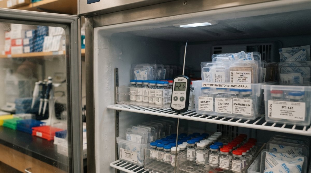 Laboratory refrigerator interior with organized peptide vials stored in labeled containers at proper temperature, showing thermometer reading and organized storage system with protective packaging