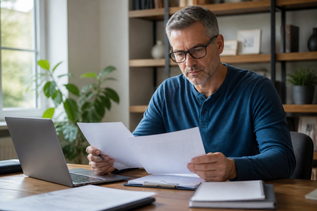 A real estate investor reviewing property documents and a laptop with financial charts on a desk in a home office