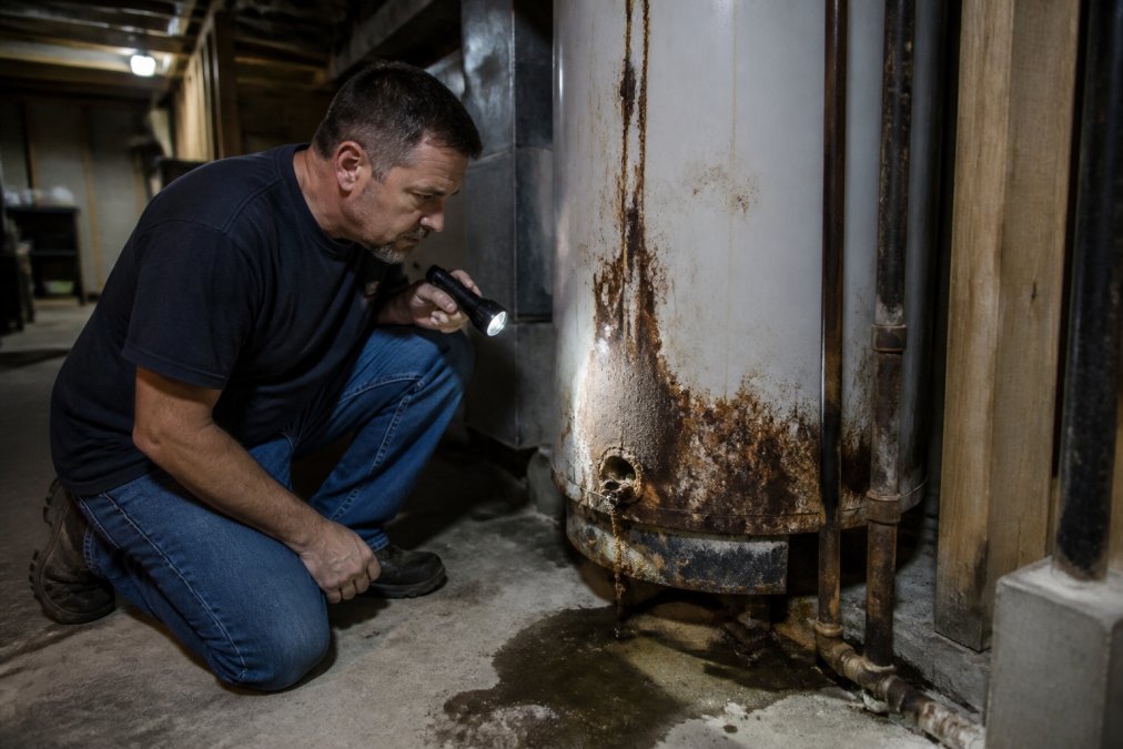 Homeowner inspecting a rusty, leaking tank in a basement, signaling a need for professional water heater repair.