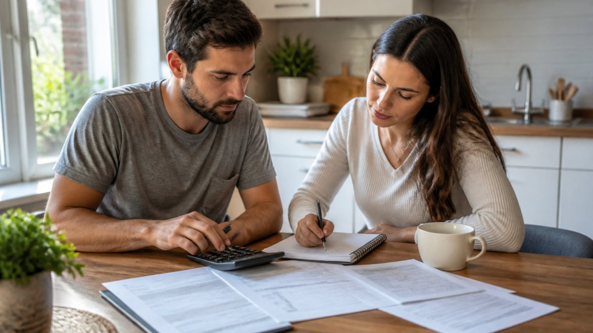 First-time homebuyer couple reviewing mortgage documents and payment calculations at their kitchen table with a calculator and notebook, natural morning light from window