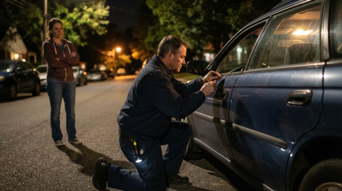 A professional locksmith in a dark uniform kneeling beside a car door on a quiet residential street at night, using a specialized entry tool while the vehicle's interior light illuminates the scene