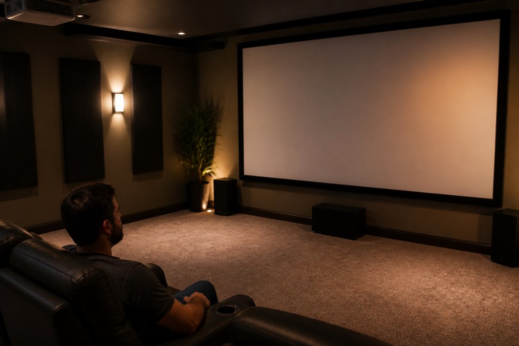 Homeowner seated in dedicated media room with large projection on wall, viewing from comfortable distance with proper seating angle and lighting control