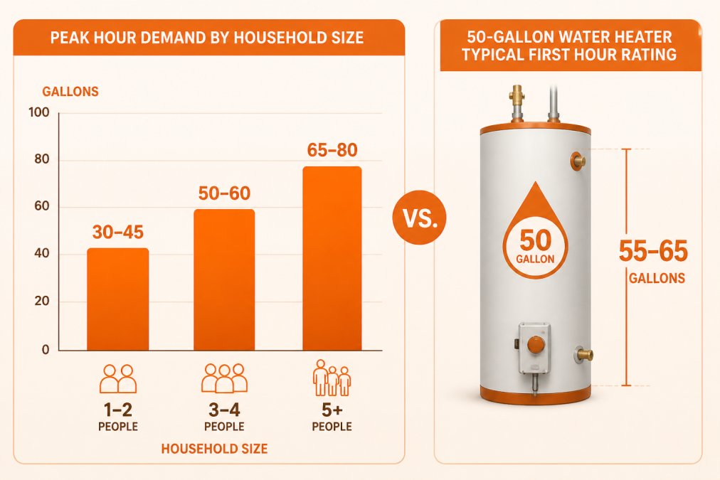 Bar chart showing peak hour demand by household size (1-2 people: 30-45 gallons, 3-4 people: 50-60 gallons, 5+ people: 65-80 gallons) compared to a 50-gallon water heater's typical first hour rating of 55-65 gallons