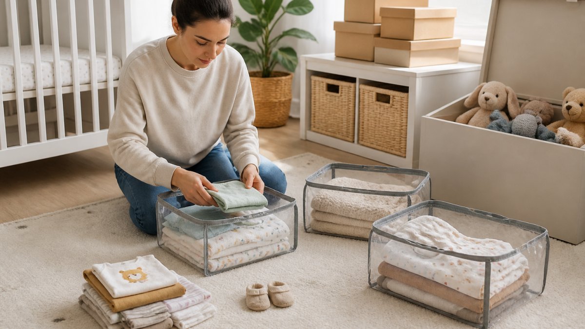 Parent kneeling on a nursery floor organizing baby clothes into clear labeled storage bags for easy organization.