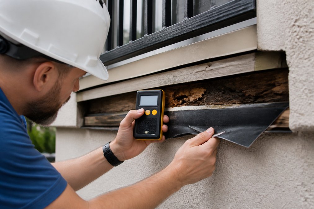 Licensed structural engineer examining balcony ledger board connection and flashing with moisture meter and probing tools during detailed site inspection