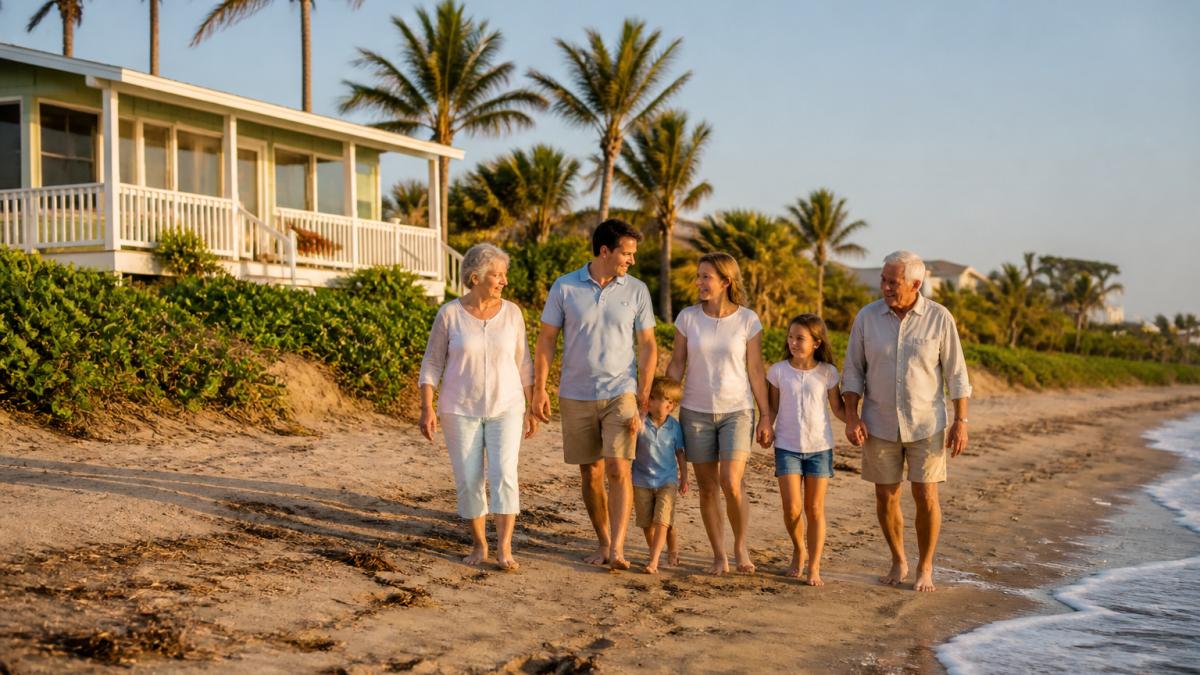 Multi-generational family walking on a quiet beach for beachfront privacy near a restored 1950s house.