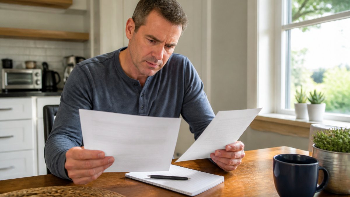 Homeowner reviewing a pest control warranty contract and treatment invoice at a kitchen table with pen and notepad, natural morning light through window