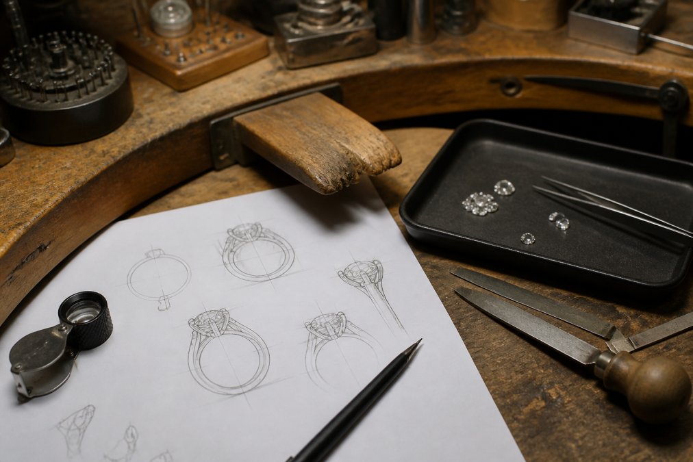 A jeweller's workbench in a warm workshop, with hand-drawn ring sketches, a CAD rendering on a tablet, and loose diamonds in a tray under focused light