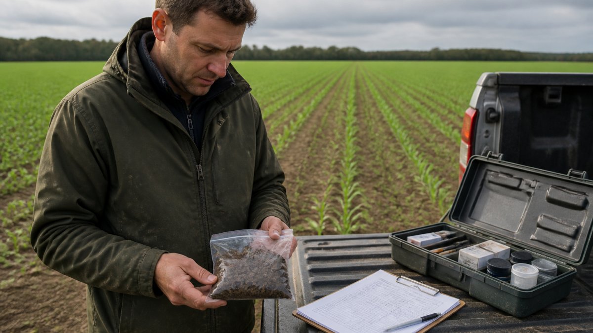 Agronomist holding a soil sample by a wheat field to support a biostimulant programme baseline assessment.