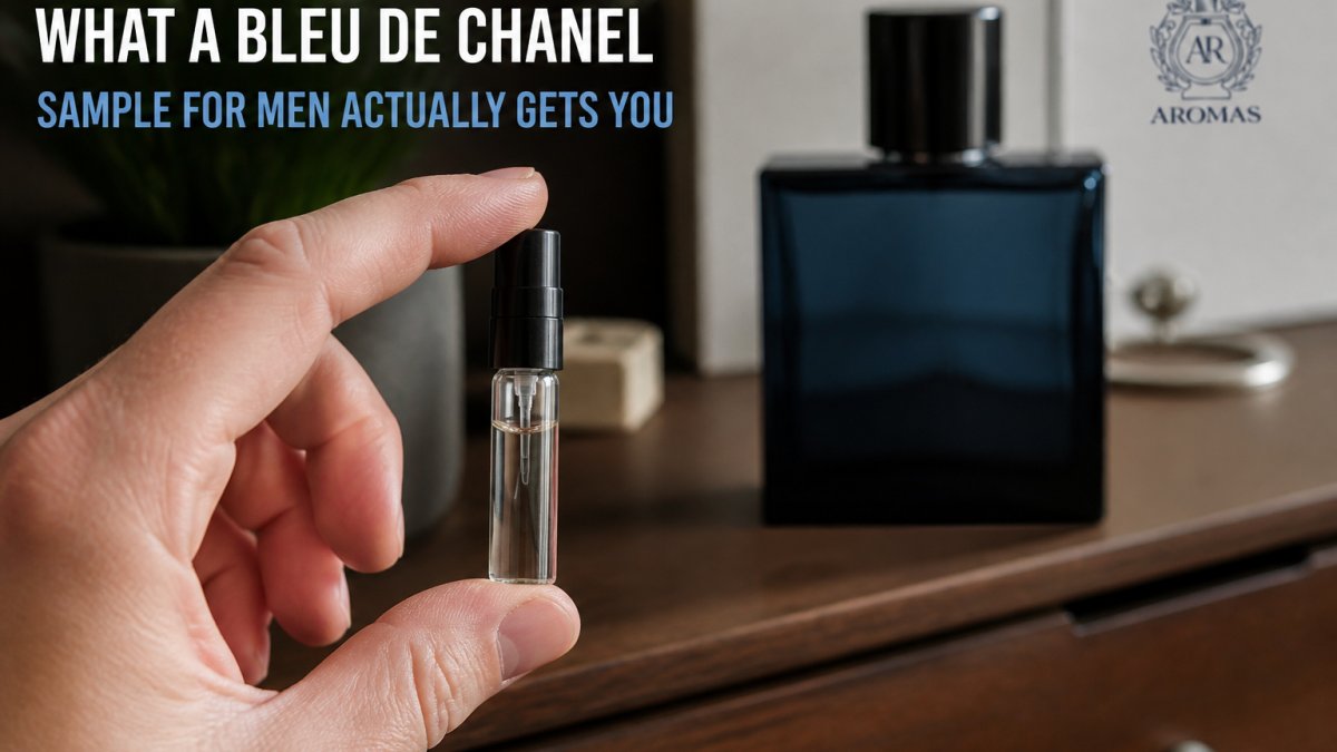 Close-up of a small glass fragrance sample vial held between two fingers, with a full-size dark blue cologne bottle blurred in the background on a wooden dresser