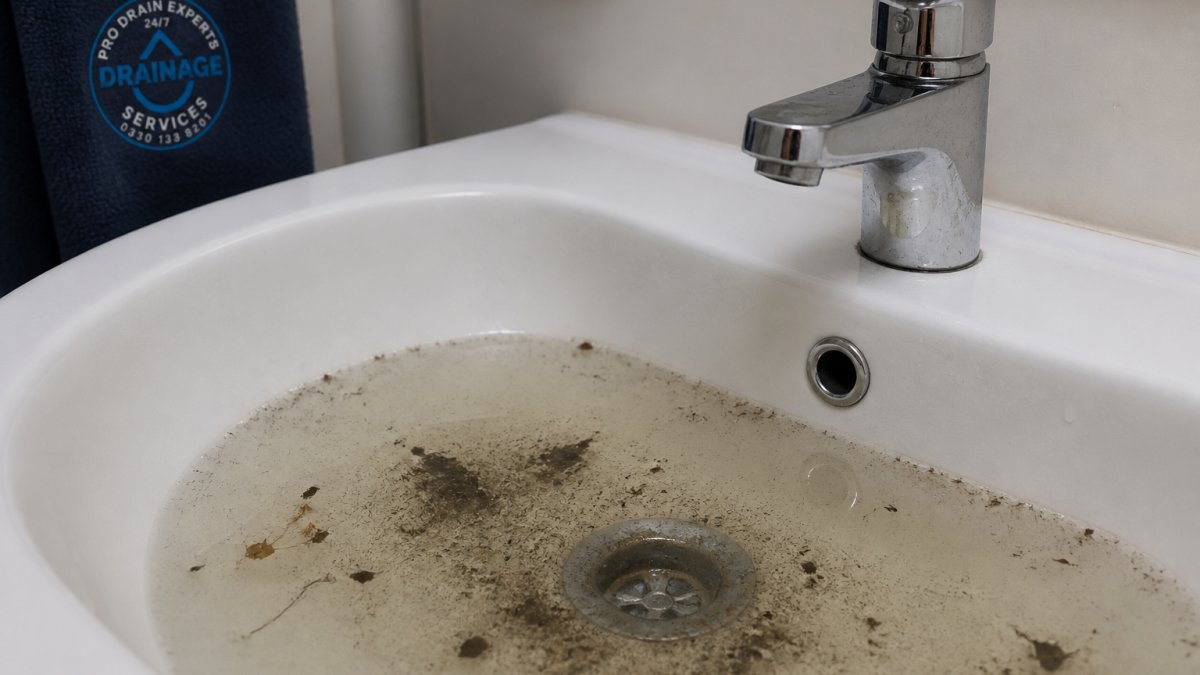 Close-up of a blocked bathroom sink with standing water and visible debris accumulating around the drain opening, showing clear signs of drainage problems