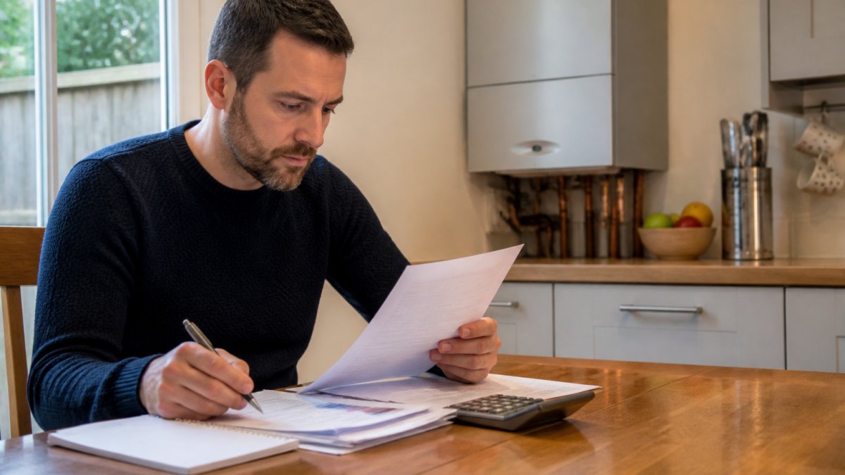 Homeowner reviewing energy bills and boiler paperwork at a kitchen table with a calculator and pen, natural daylight from window