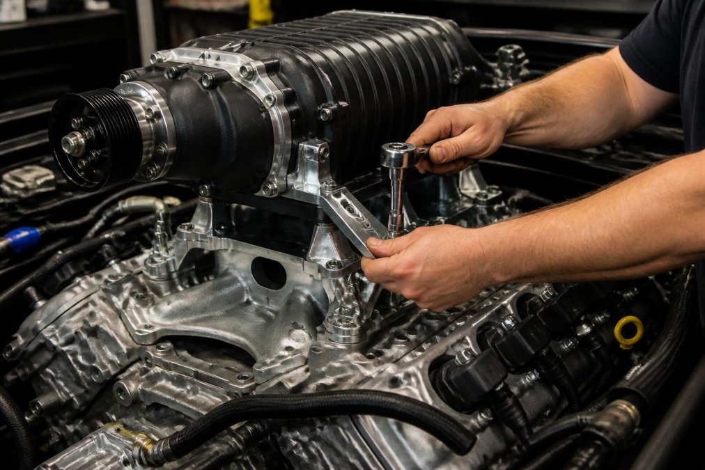 Mechanic installing a supercharger unit onto an engine block in a well-lit garage, showing the intake manifold connection and mounting brackets being secured with precision tools