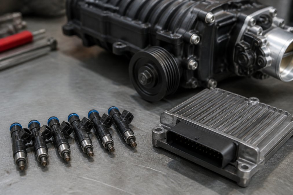 Close-up of upgraded fuel injectors and ECU tuning module displayed on a workbench next to a supercharger component, showing precision engineering and technical detail