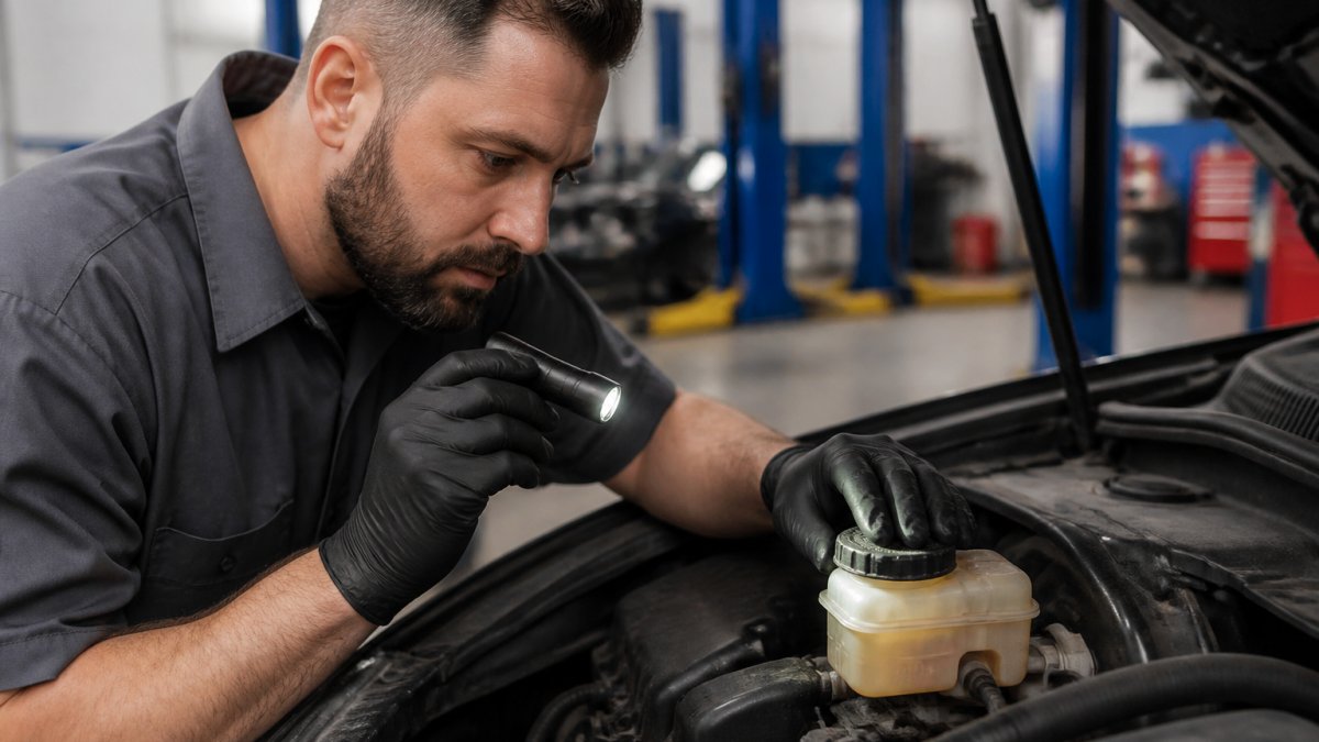ASE-certified mechanic inspecting brake fluid condition in master cylinder with penlight, examining fluid color and clarity against the reservoir, modern shop setting