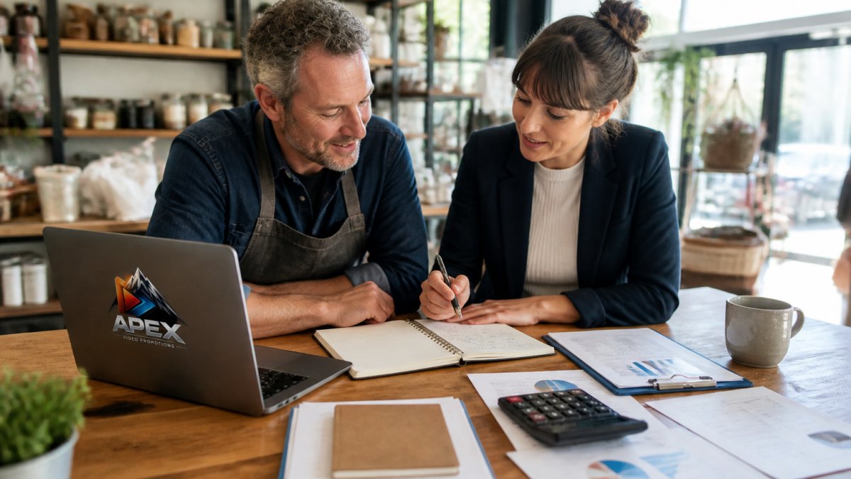 Consultant and business owner reviewing a brand strategy consultancy process flowchart on a laptop in a bright shop.